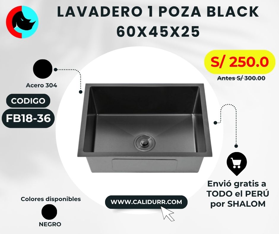 LAVADERO 1P CUADRADO NEGRO 600X450X250 HMS6045A BLACK FB18-36