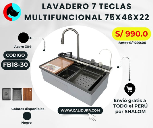 LAVADERO 1P RECTANGULAR NEGRO MULTIFUNCIONAL 75X46CM PIANO 7 TECLAS FB18-30