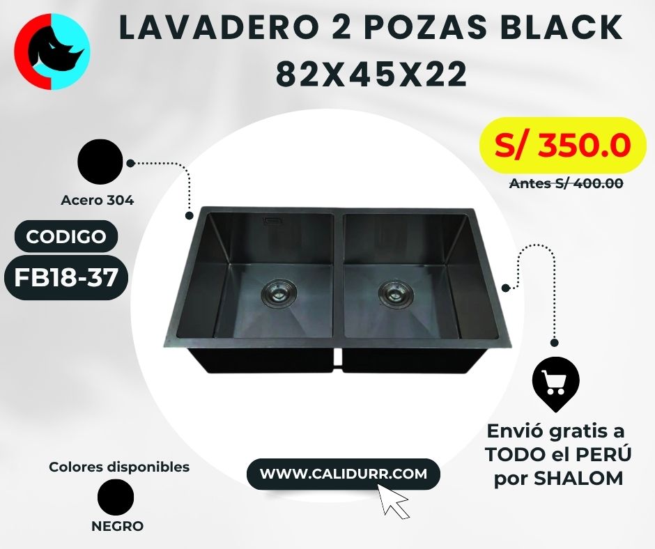 LAVADERO 2P NEGRO (2 HUECOS) 820X450X220 HMD8245B BLACK FB18-37