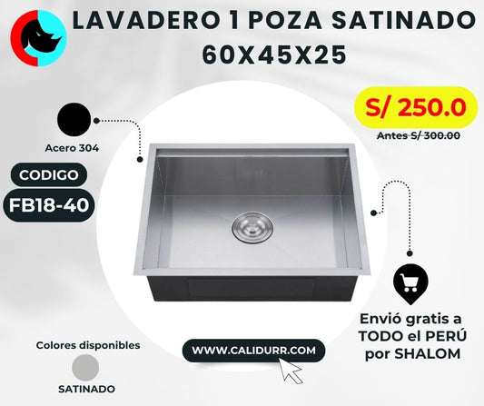 LAVADERO 1P CUADRADO SATINADO 600X450X250 HMS6045A SATIN FB18-40