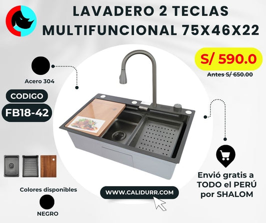 LAVADERO 1P RECTANGULAR NEGRO 2 TECLAS 750X460X220 AB7546D-A-S-1 FB18-42