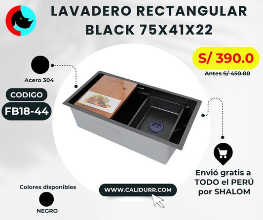 LAVADERO 1P RECTANGULAR NEGRO (SIN HUECOS) 750X410X220 AB7541D-A-5 FB18-44